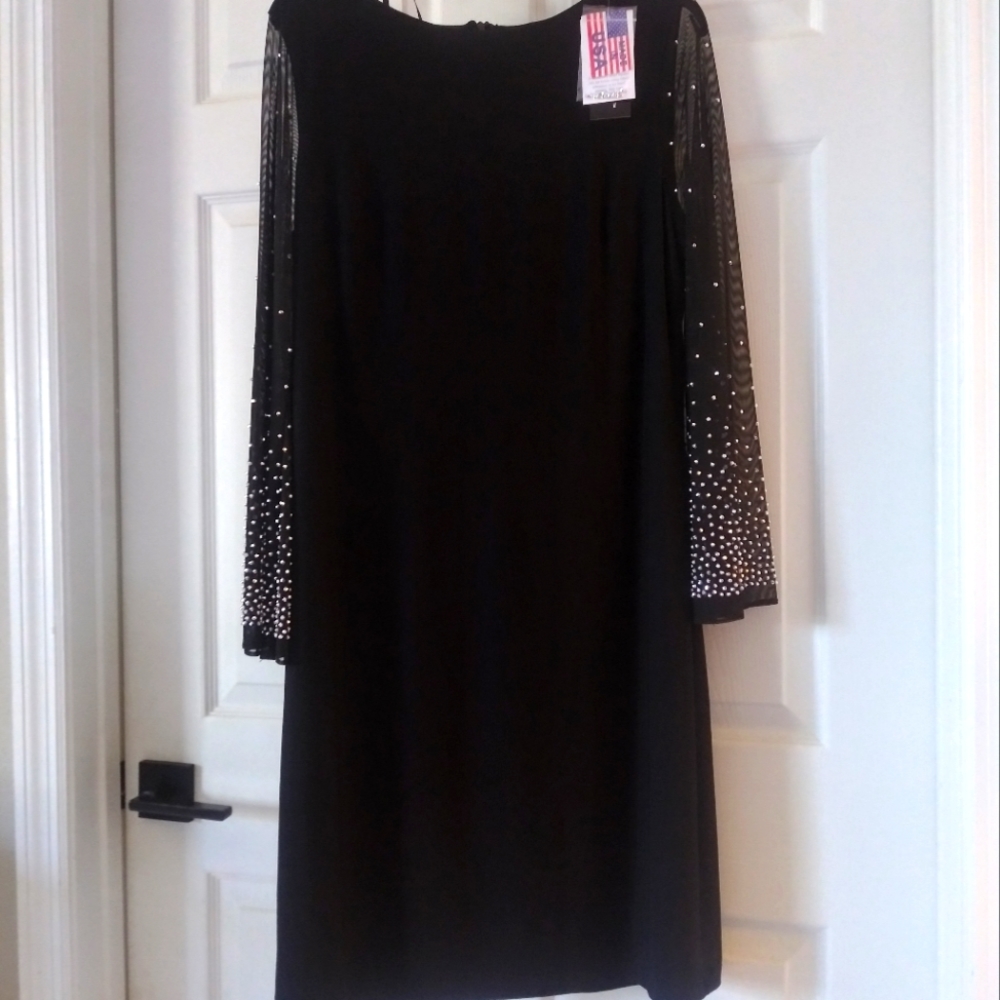 NWT CACHET Black Cocktail Dress Net Long Sleeves Studded Accents  Size 14